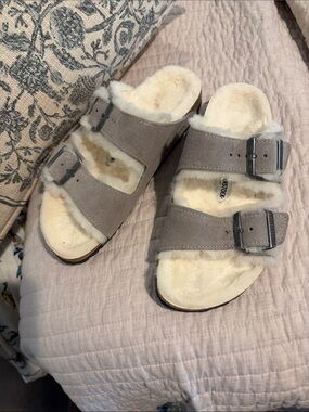 Birkenstock Gray Suede Shearling-Lined Two-Buckle Sandal